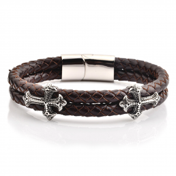 HYLIZO Nelore Series 385 - Rustic Brown Leather bracelet with 316 Stainless Steel Engraved Cross and Stainless steel Clasp