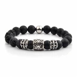HYLIZO X Series 016 - Black Matte Onyx & Volcano Beaded bracelet with 316 Stainless Steel Luxury Floral Engraving